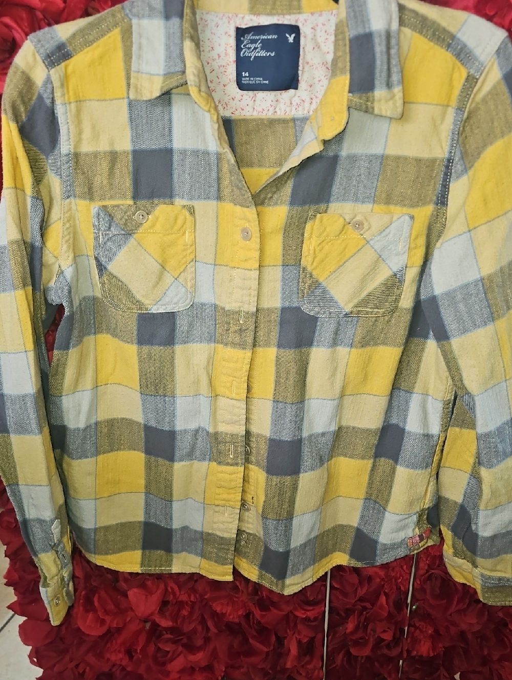 American Eagle Outfitters Girls Yellow and Gray Plaid Button-Down Shirt Size 14
